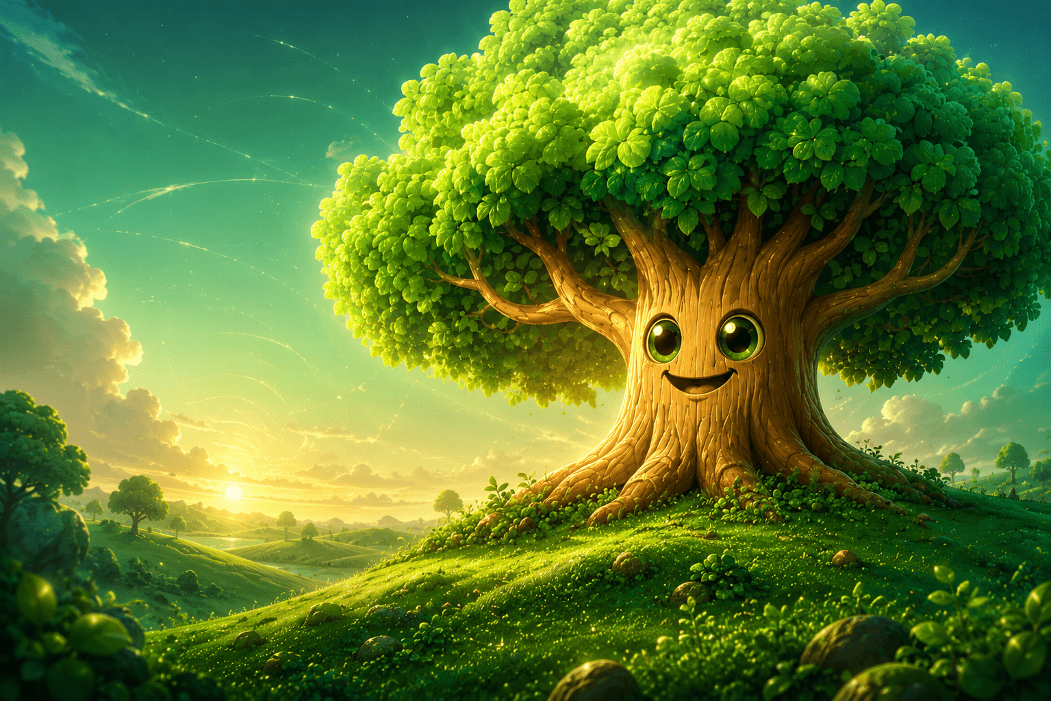 A sunlit green landscape with the Green Tree character overlooking the valley